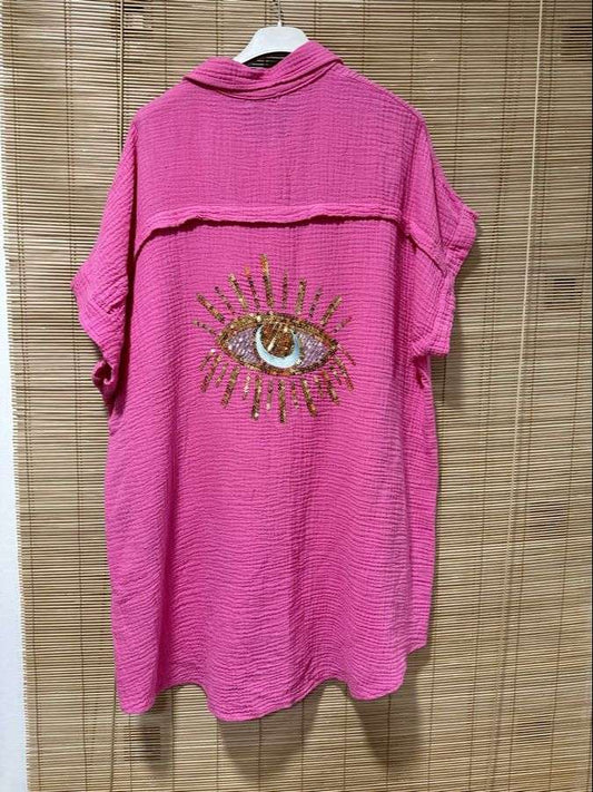GRANDE TAILLE - Chemise gaze de coton sequins rose