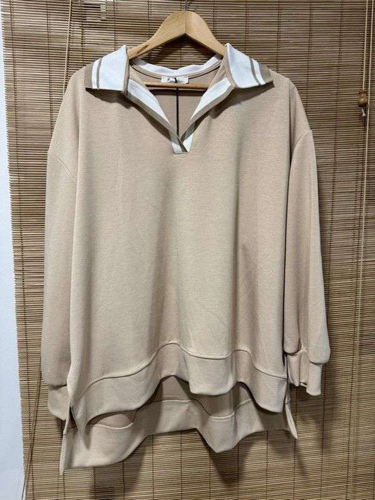 GRANDE TAILLE - Sweat col bicolore beige