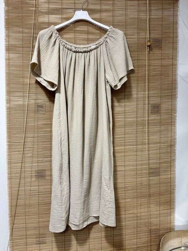 Robe gaze de coton col bohème sable