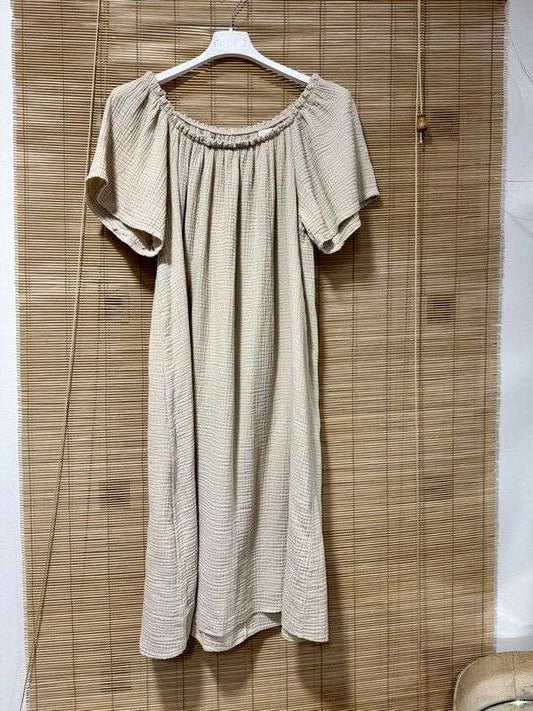 Robe gaze de coton col bohème sable