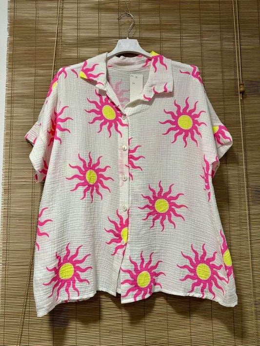 Chemise gaze de coton soleils jaune/rose